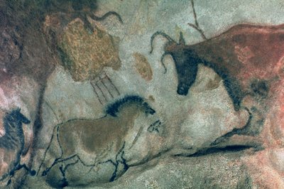 Rock painting showing a horse and a cow, c.17000 BC by Prehistoric